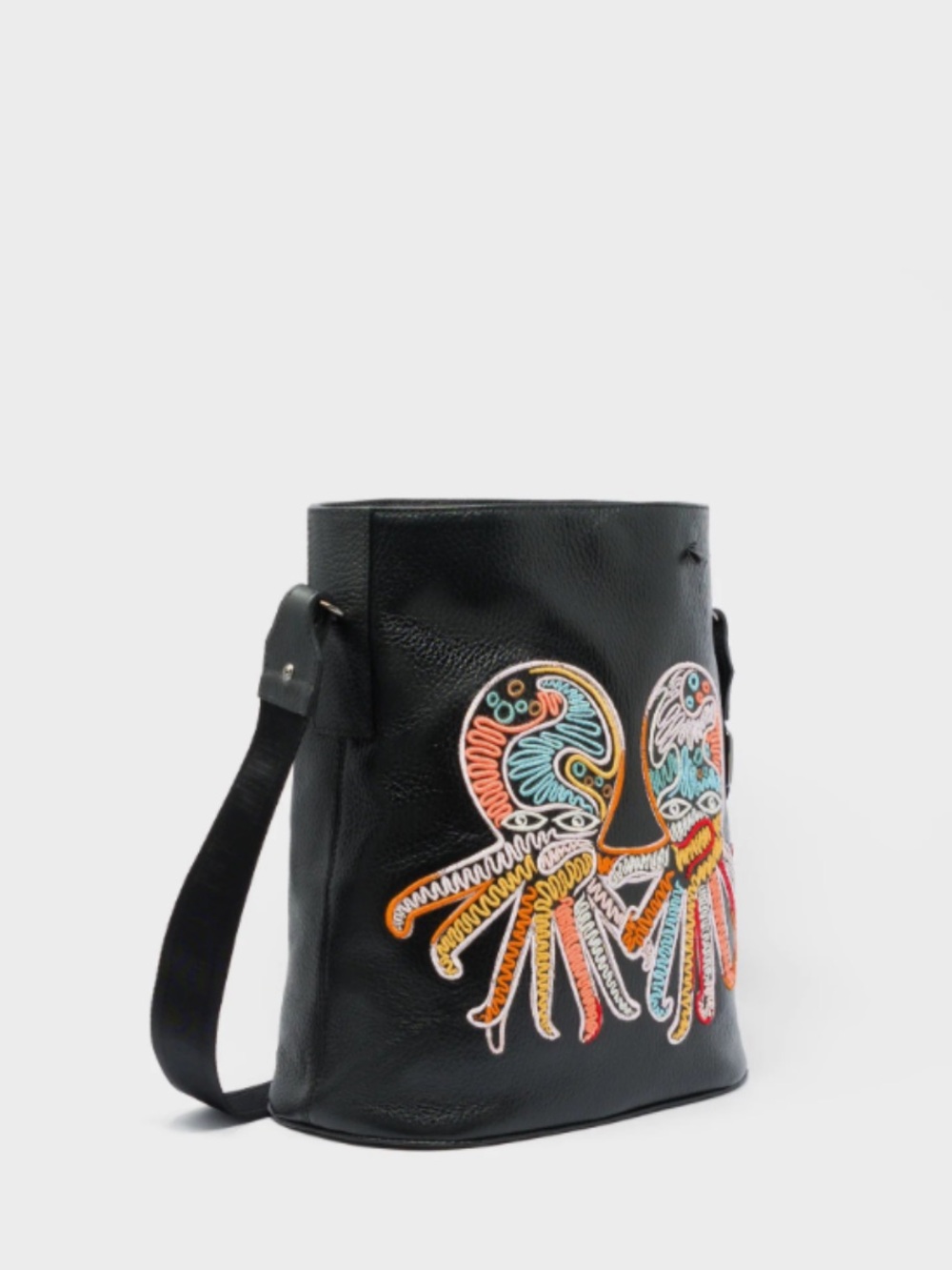 Min & Mon Black Crossbody Bag with Multicolor Octopus Embroidery